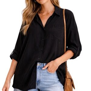 ARULA Black Oversized Button-Down Shirt Flowy Tencel Shirt Size XL